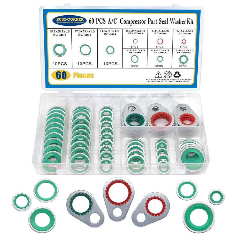 BUSY-CORNER A/C System Compressor Gasket Seals Air Conditioning Compressor Port Seal Washer Kit 60 Pieces Gasket Bonded Seal Assortment - Image 1